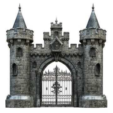 A grand, gothic-style castle gate with ornate ironwork and stone walls.