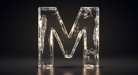 Clear Ice Letter M on Black Background with Water Bubbles and Reflection