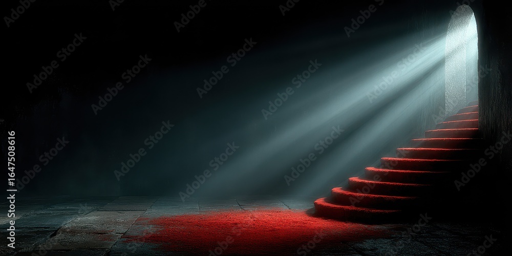 Poster mysterious staircase illuminated by beams of light in a dark, atmospheric setting