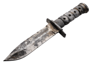 A close-up shot reveals a weathered combat knife, its blade bearing the marks of relentless use and time
