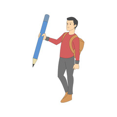 Back to school. Education theme. Students in uniform carrying backpacks and giant pencils. Flat characters. Vector illustration.