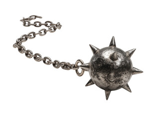 A detailed, close-up shot showcases a medieval mace, an iconic symbol of historical combat and weaponry, with its formidable spiky head and intricate chain.