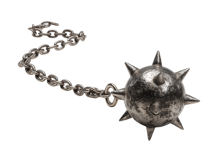 A detailed, close-up shot showcases a medieval mace, an iconic symbol of historical combat and weaponry, with its formidable spiky head and intricate chain.
