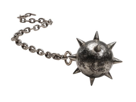 A detailed, close-up shot showcases a medieval mace, an iconic symbol of historical combat and weaponry, with its formidable spiky head and intricate chain.