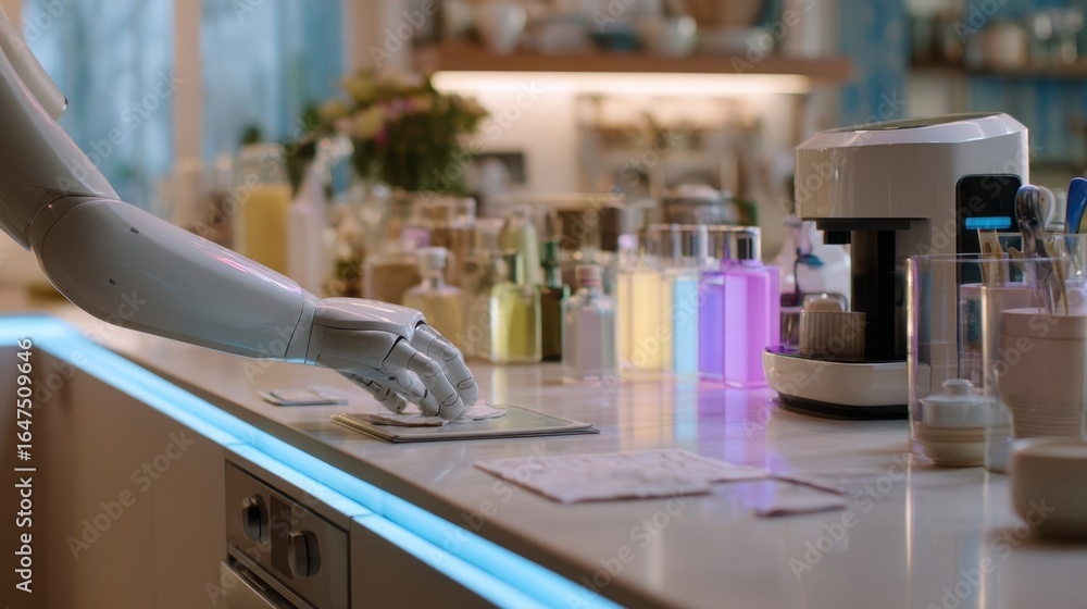 Aufkleber robotic arm interacting with a touch screen in a modern, automated kitchen, showcasing the integrati