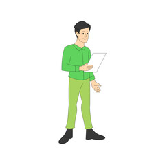 man in green shirt holding white paper. reading announcement. reading poetry. presentation. flat character. vector illustration