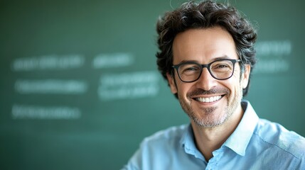 Obraz premium Smiling male teacher in classroom with students studying in background