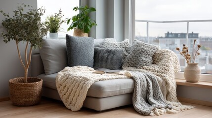 Cozy corner sofa with knitted blankets in Scandinavian living room bathed in light
