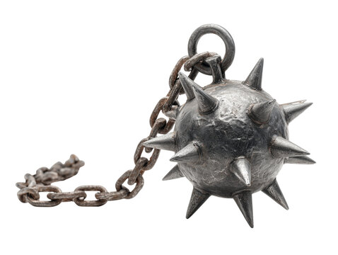 A detailed studio shot of a mace, a medieval weapon, composed of a spiked metal ball attached to a chain