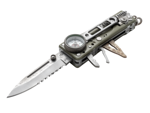 A detailed image showcases a versatile multi-tool, complete with a blade, compass, and various gadgets