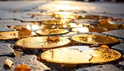 Golden discs with autumn street, and reflection.