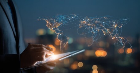 Businessman using tablet with global network overlay