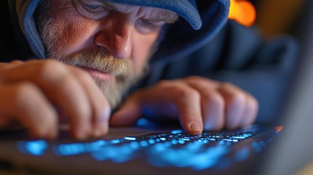 Cybersecurity data scientist in dark hoodie working on encrypted algorithms with a focus on digital protection themes. Data scientist