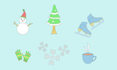 Winter theme. The collection includes snowmen, fir trees, thick mittens, ice skates, snowflakes, and hot chocolate. Holidays. End of the year. new year. Vector illustrations.