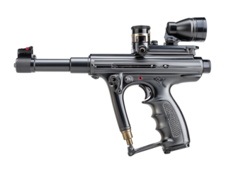 A precision sniper rifle, showcased against a plain background, its metallic finish gleaming under the studio lights, highlighting its robust design and advanced features.