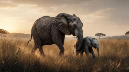 Obraz premium Mother and baby elephant in a golden savanna sunset