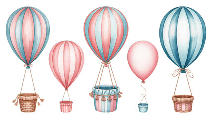 Assorted watercolor hot air balloons with baskets on black background