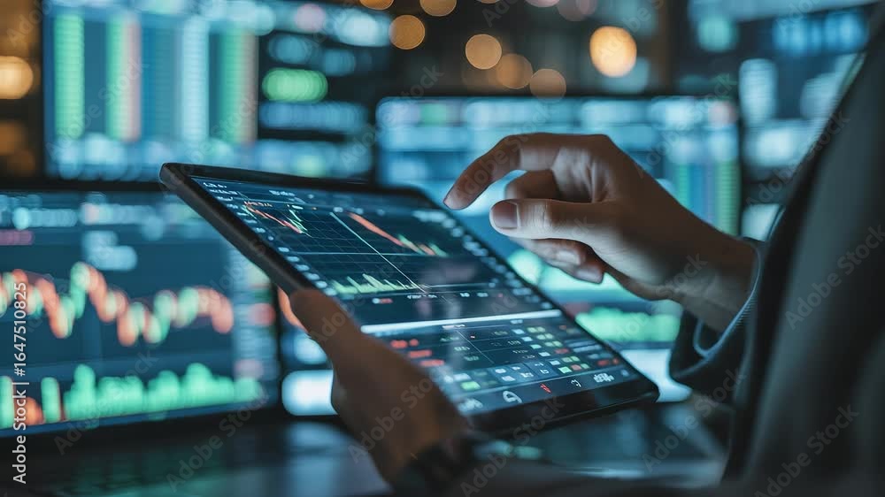 Poster person using tablet to analyze financial stock market data with charts and graphs displayed on multi