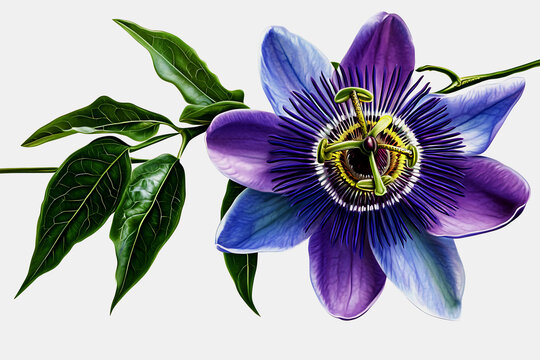 Exotic purple and blue passiflora flower with green leaves