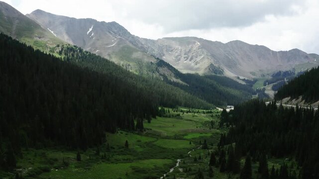Aerial view over Colorado's Loveland Pass during summer time with no snow in view.