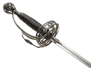 An elegant and detailed steel rapier sword, a symbol of historical significance and a testament to the artistry of bladesmithing, with its intricate guard and finely honed blade.