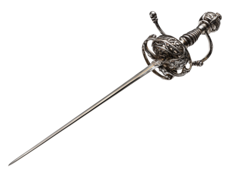 A meticulously crafted renaissance-era rapier, a symbol of historical elegance, lies against a neutral background.