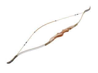 a detailed studio shot of a classical wooden archery bow, showcasing its intricate craftsmanship and timeless design. 