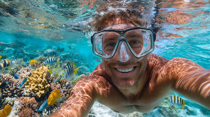Naklejka premium Underwater portrait of man snorkeling in tropical coral reef