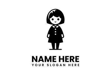 Stylized Black and White Girl Icon with Bob Haircut and Buttoned Dress.