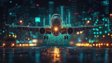 Airplane taking off over a city at night, digital elements