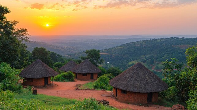 African huts at sunset over valley