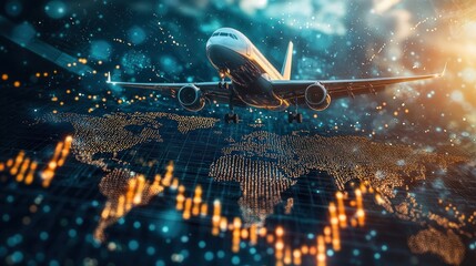 Airplane soaring over a digital world map overlaid with financial data