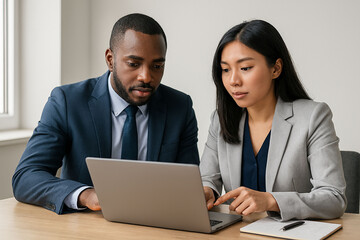 Obraz premium Diverse professional coworkers collaborating in bright modern office using laptop together