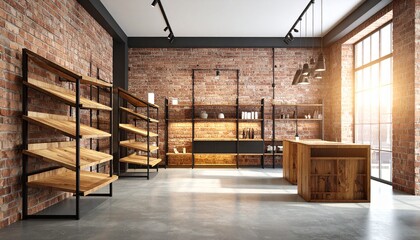 Modern retail space with rustic brick walls, wooden shelves, and industrial lighting creates inviting atmosphere