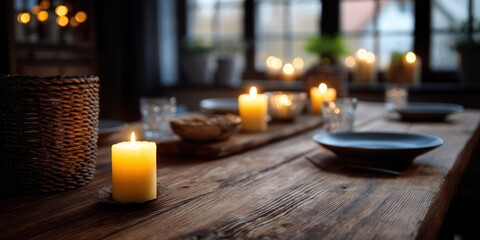 Cozy dining room setup with wooden table and glowing candles