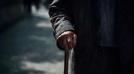 An elderly man using a walking cane on the sidewalk