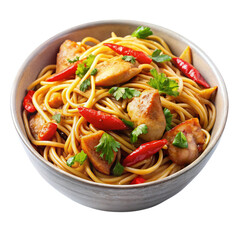 Delicious Chicken Noodles with Red Chili on Transparent Background in a Bowl