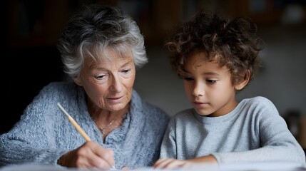 Senior woman helping child with homework in cozy indoor setting