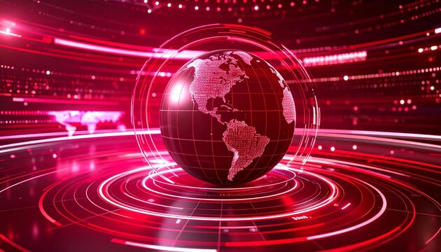 Dynamic digital globe with glowing red abstract background creates modern news broadcast atmosphere