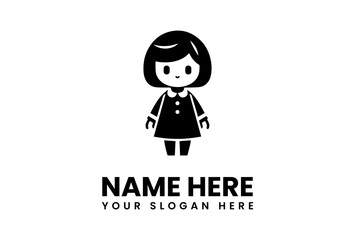 Stylized Cartoon Girl with Bob Haircut and Buttoned Dress Black and White Logo.