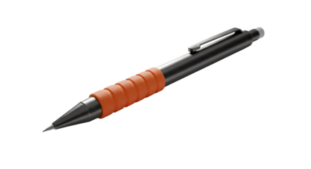 Metallic mechanical pencil with orange grip stands out against a clean black backdrop. Ideal for stationery presentations, product display, or education.
