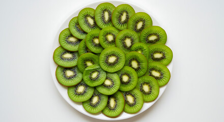 Fresh and Vibrant Kiwi Fruit Slices Artfully Arranged on a White Plate, Showcasing the Juicy Green Interior, a Healthy and