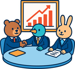 Cute bear, bird, and rabbit in business suits shaking hands at a meeting table, symbolizing teamwork, partnership, and growth success,