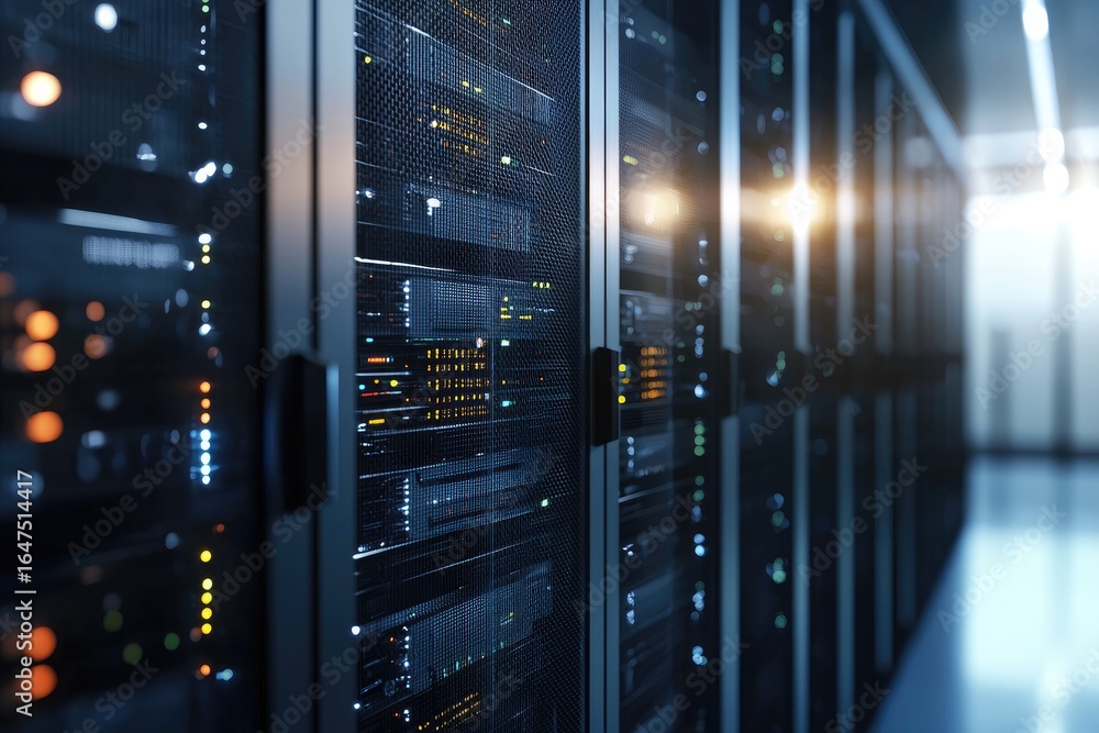 Poster modern high performance data center with illuminated server racks and secure network infrastructure,