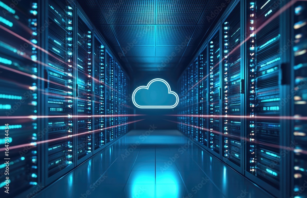 Poster futuristic cloud computing data center with glowing neon cloud icon and illuminated server racks sho