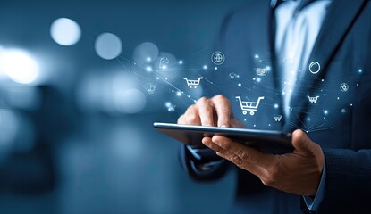 Businessman using tablet with shopping cart icons