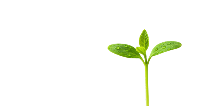 A single, vibrant green seedling with dewy, unfurling leaves, pristine and healthy, close-up macro shot against a transparent studio background with soft bokeh and copy space for sustainable growth