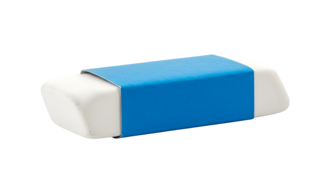 Blue and white eraser displays against a black background. For product photography, school, and design.