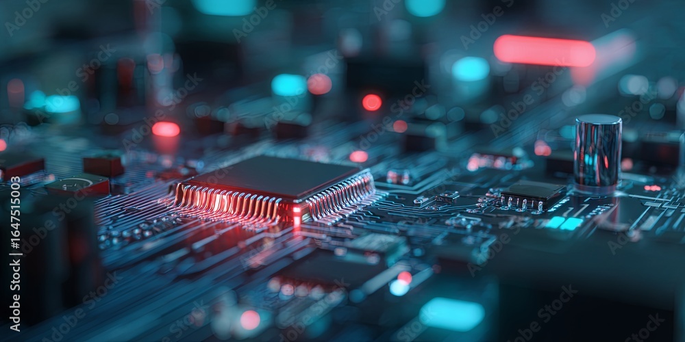 Poster futuristic circuit board with microchip and neon lights in a technological environment