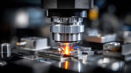 Fototapeta premium Laser cutting machine working on metal with bright orange light and precise industrial equipment